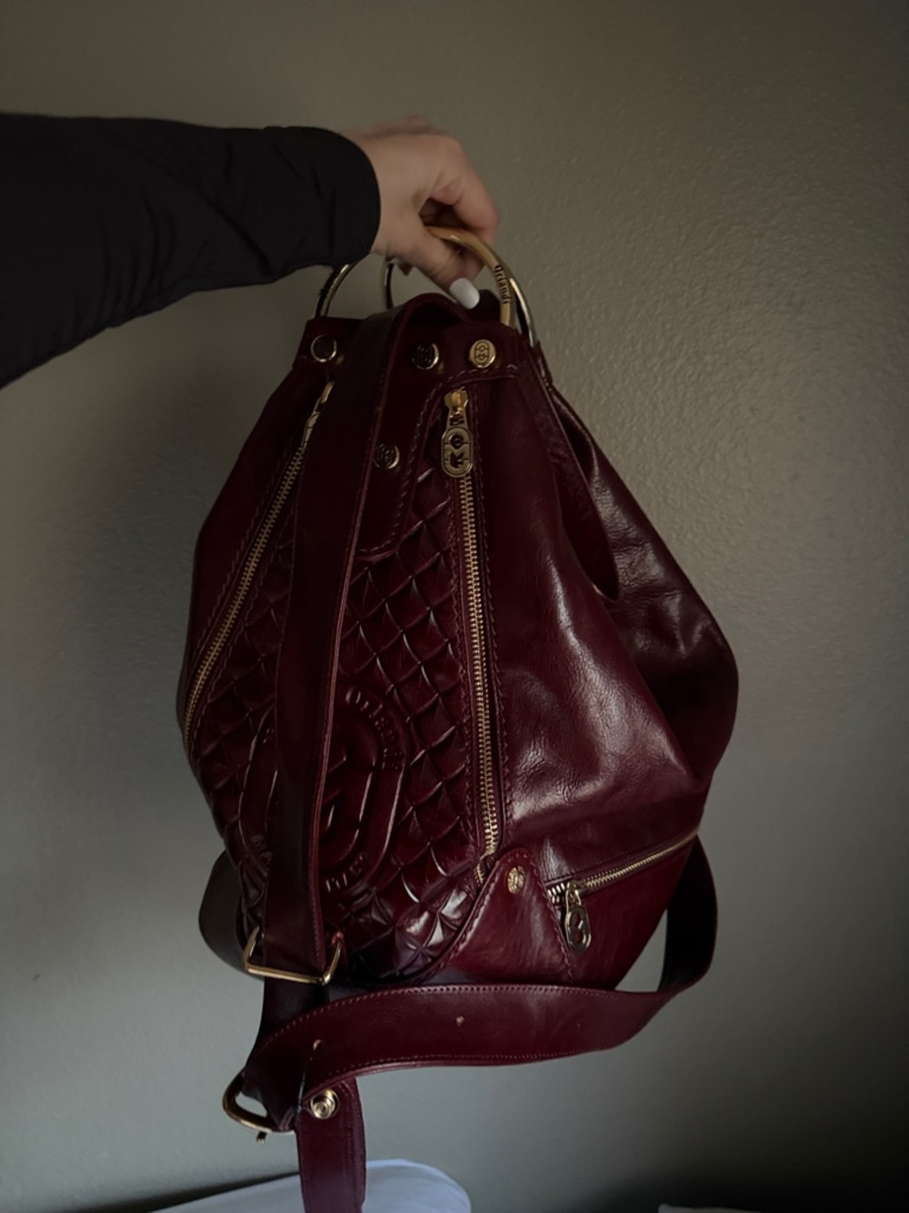 Women's Burgundy Leather Backpack Tote with Quilted Front - Picture 2 of 3